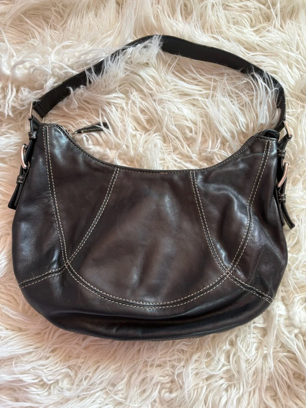 Michael Kors Black Leather Hobo Shoulder Bag White Contrast Stitch Y2K